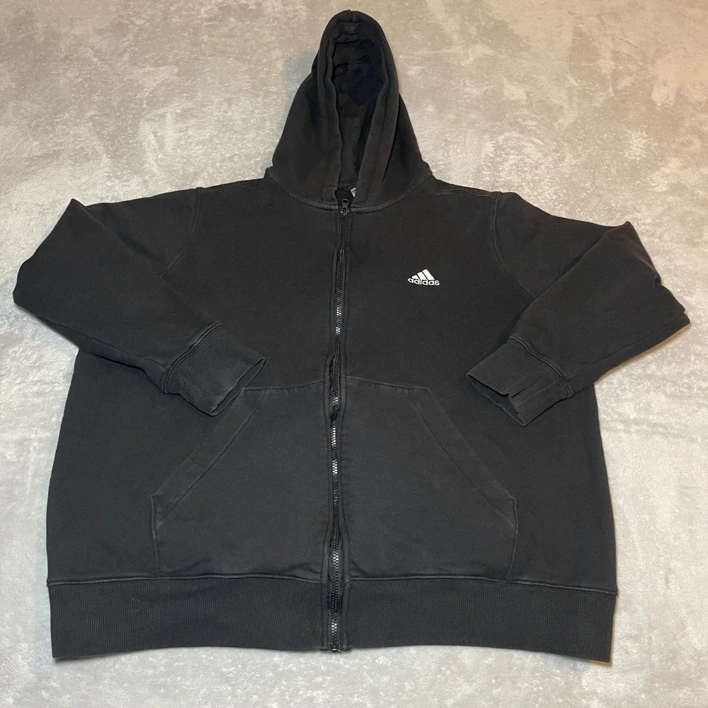 Vintage Y2K Adidas Mens 2X Full Zip Hoodie Black Logo‎ Sleeve Sweatshirt Sweater